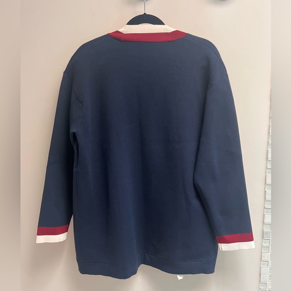 SANDRO PARIS Womenโs Navy Anouchica Open-Front Collegiate-Style Cardigan - Large - Picture 8 of 11